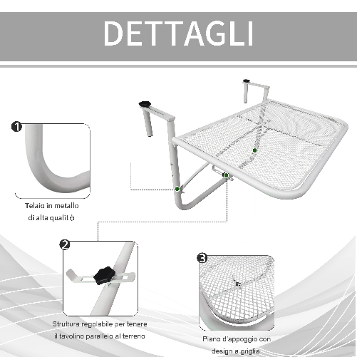 Outsunny-Tavolo-da-Ringhiera-Altezza-Regolabile-3-Livelli-in-Metallo-60x56.5x45cm-Bianco