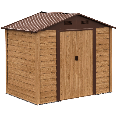 Outsunny-Casetta-da-Giardino-Porta-Attrezzi-con-Porte-Scorrevoli-e-Pareti-Effetto-Legno-152x235.7x208.7cm