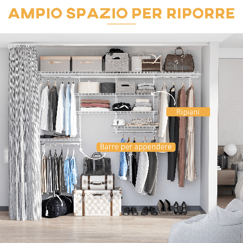 HOMCOM-Organizer-in-Acciaio-Montato-a-Muro-con-9-Ripiani-Regolabili-e-5-Aste-per-Appendere--249.4x38.8x162-cm-Bianco