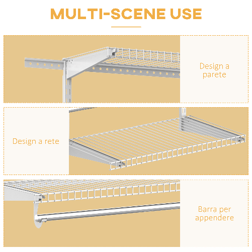 HOMCOM-Organizer-in-Acciaio-Montato-a-Muro-con-9-Ripiani-Regolabili-e-5-Aste-per-Appendere--249.4x38.8x162-cm-Bianco