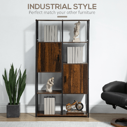 HOMCOM-Libreria-Stile-Industriale-con-4-Ripiani-e-2-Armadietti-90x30x159.5cm-Nero-e-Marrone