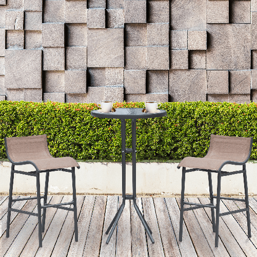 Outsunny-Set-da-Bar-Ristorante-3-Pezzi--2-Sgabelli--40.5x50x82cm--1-Tavolo-Vetro-Temperato--Φ60x102cm--Nero-e-Marrone