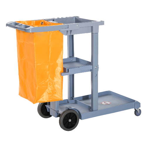 HOMCOM-Carrello-Pulizie-Professionale-con-3-Ripiani-Ganci-Portascopa-4-Ruote-e-Sacco-100L-Arancione-113-x-50.5-x-96.5cm