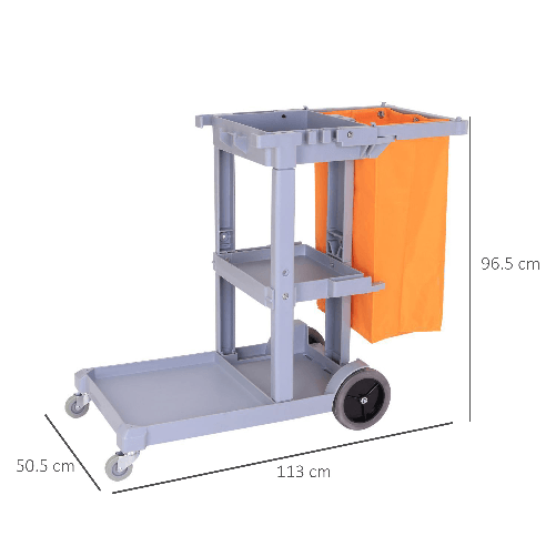 HOMCOM-Carrello-Pulizie-Professionale-con-3-Ripiani-Ganci-Portascopa-4-Ruote-e-Sacco-100L-Arancione-113-x-50.5-x-96.5cm