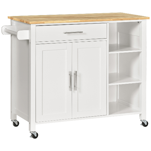 HOMCOM-Carrello-con-Ruote-Salvaspazio-Penisola-Cucina-in-Legno-Massiccio--1-Cassetto-1-Armadietto-3-Ripiani-e-4-Ruote-107.5x48x89-cm