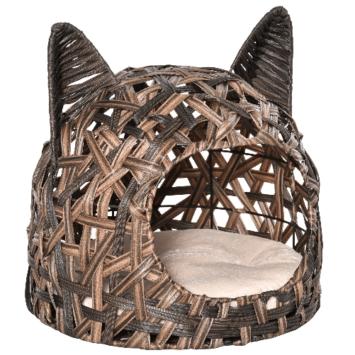 PawHut-Cuccia-per-Gatti-Cesta-per-Gatti-Adulti-fino-4.5kg-Cesta-in-Vimini-Sintetico-a-Forma-di-Gatto-Marrone