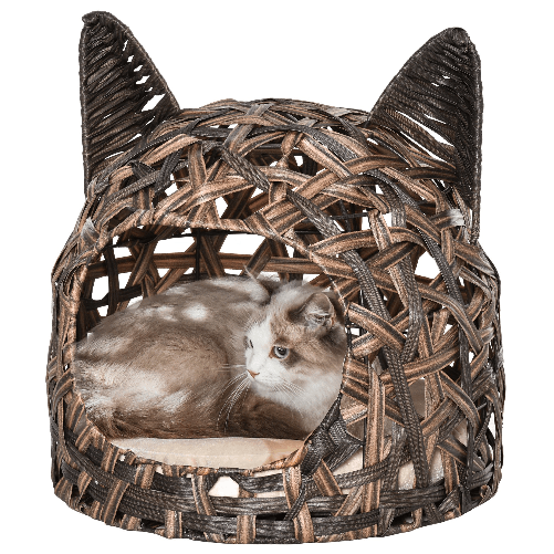 PawHut-Cuccia-per-Gatti-Cesta-per-Gatti-Adulti-fino-4.5kg-Cesta-in-Vimini-Sintetico-a-Forma-di-Gatto-Marrone