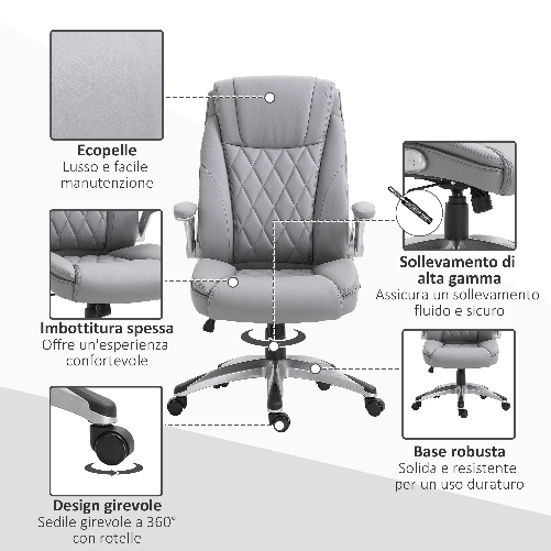 Vinsetto-Sedia-da-Ufficio-Ergonomica-con-Imbottitura-Altezza-Regolabile-e-5-Ruote-69.5x76x113-121-cm-Grigio