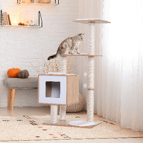 PawHut-Tiragraffi-Gatto-Altezza-120cm-con-Cuccia-Piattaforme-e-Giochi-Sisal-MDF-71.5x49.5x120cm-legno-bianco