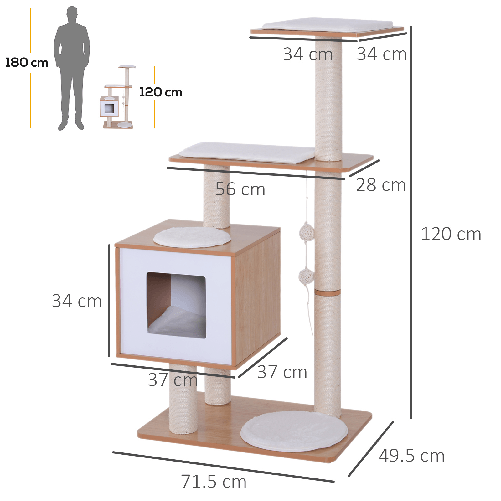 PawHut-Tiragraffi-Gatto-Altezza-120cm-con-Cuccia-Piattaforme-e-Giochi-Sisal-MDF-71.5x49.5x120cm-legno-bianco