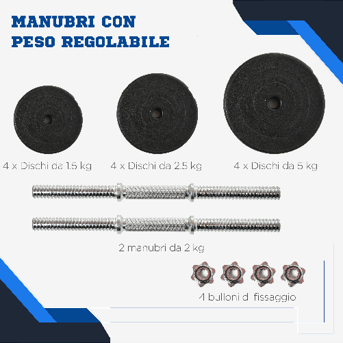 HOMCOM-Set-Manubri-Palestra-40kg--4x5kg-4x2.5kg-4x1.5kg--Pesi-Palestra-con-12-Dischi-da-1.5kg-2.5kg-5kg-Փ25mm-per-Allenamento-a-Casa