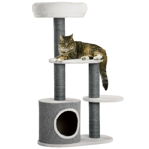 PawHut-Albero-per-Gatti-con-Lettino-Casetta-e-Tiragraffi-55.5x30.5x98-cm-Bianco