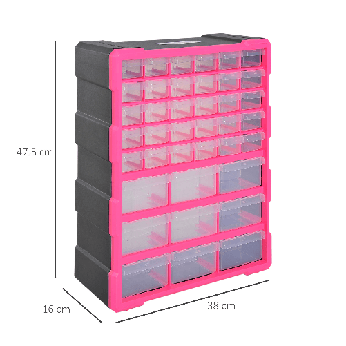 DURHAND-Cassettiera-in-Plastica-Portaminuterie-con-39-Cassetti-Trasparenti-Montaggio-a-Muro-o-a-Terra-38x16x47.5cm-Rosa