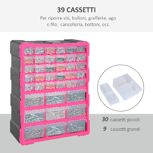 DURHAND-Cassettiera-in-Plastica-Portaminuterie-con-39-Cassetti-Trasparenti-Montaggio-a-Muro-o-a-Terra-38x16x47.5cm-Rosa