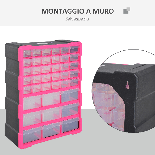 DURHAND-Cassettiera-in-Plastica-Portaminuterie-con-39-Cassetti-Trasparenti-Montaggio-a-Muro-o-a-Terra-38x16x47.5cm-Rosa