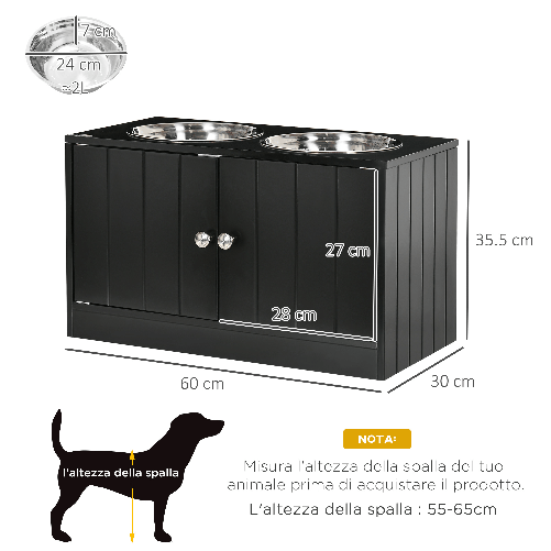 PawHut-Ciotola-per-Cani-Rialzata-con-Vano-Contenitore-2-Ciotole-in-Acciaio-Inox-Rimovibili-60x30x35.5cm-Nero