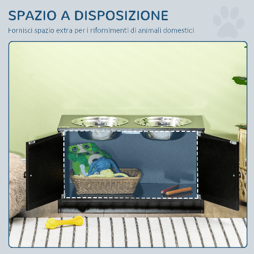 PawHut-Ciotola-per-Cani-Rialzata-con-Vano-Contenitore-2-Ciotole-in-Acciaio-Inox-Rimovibili-60x30x35.5cm-Nero