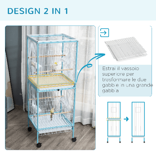 PawHut-Gabbia-per-Uccelli-2-in-1-Voliera-da-Interni-con-4-Ruote-e-Vassoi-Estraibili-51.5x50x140cm