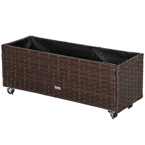 Outsunny-Fioriera-Rialzata-in-Rattan-sintetico-con-4-Ruote-Bloccabili-94.5x31x36cm-Grigio