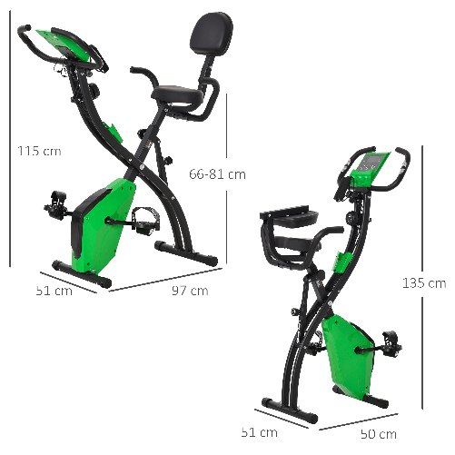 HOMCOM-Cyclette-Pieghevole-2-in-1-Resistenza-Magnetica-Regolabile-8-Livelli-Bici-da-Fitness-con-Sensore-di-Frequenza-Cardiaca-Elastici-per-Braccia-Schermo-LCD-Volano-2.5kg-Verde