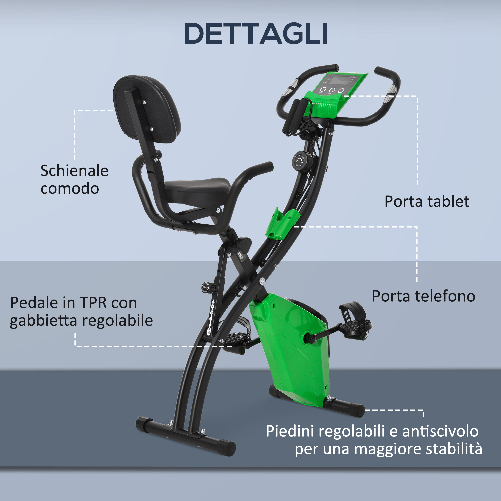 HOMCOM-Cyclette-Pieghevole-2-in-1-Resistenza-Magnetica-Regolabile-8-Livelli-Bici-da-Fitness-con-Sensore-di-Frequenza-Cardiaca-Elastici-per-Braccia-Schermo-LCD-Volano-2.5kg-Verde