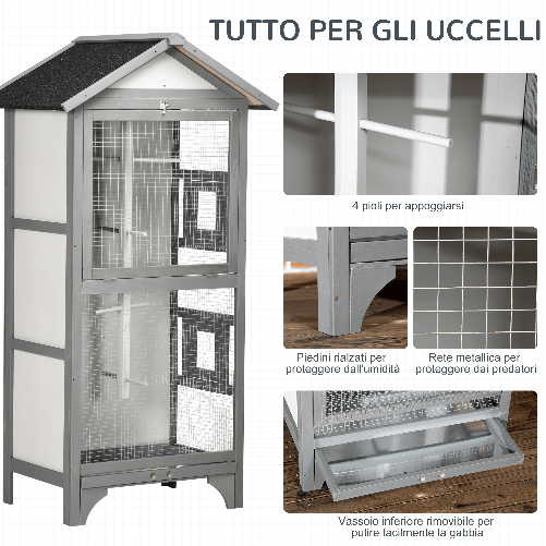 PawHut-Voliera-per-Uccelli-da-Esterno-in-Legno-di-Abete-80.5x57x158.5cm-Grigio-Chiaro