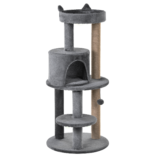 PawHut-Albero-Tiragraffi-per-1-2-Gatti-di-4.5kg-Palestra-Castello-per-Gatti-con-3-Livelli-Cuccia-Lettino-e-Palo-in-Corda-Sisal-Grigio-48x48x104cm