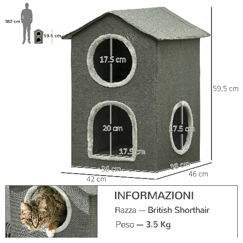 PawHut-Casetta-per-Gatti-a-Due-Livelli-con-Cuscini-Lavabili-3-entrate-42x46x59.5-cm-Grigio