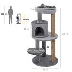 PawHut-Albero-Tiragraffi-per-1-2-Gatti-di-4.5kg-Palestra-Castello-per-Gatti-con-3-Livelli-Cuccia-Lettino-e-Palo-in-Corda-Sisal-Grigio-48x48x104cm