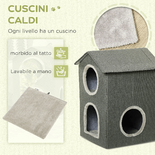 PawHut-Casetta-per-Gatti-a-Due-Livelli-con-Cuscini-Lavabili-3-entrate-42x46x59.5-cm-Grigio