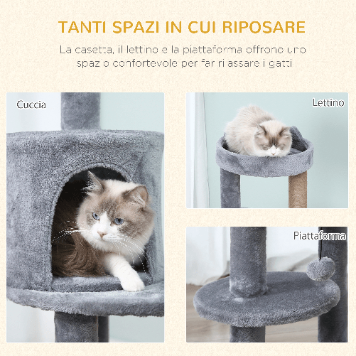 PawHut-Albero-Tiragraffi-per-1-2-Gatti-di-4.5kg-Palestra-Castello-per-Gatti-con-3-Livelli-Cuccia-Lettino-e-Palo-in-Corda-Sisal-Grigio-48x48x104cm