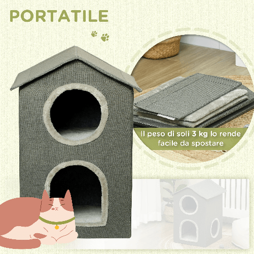 PawHut-Casetta-per-Gatti-a-Due-Livelli-con-Cuscini-Lavabili-3-entrate-42x46x59.5-cm-Grigio