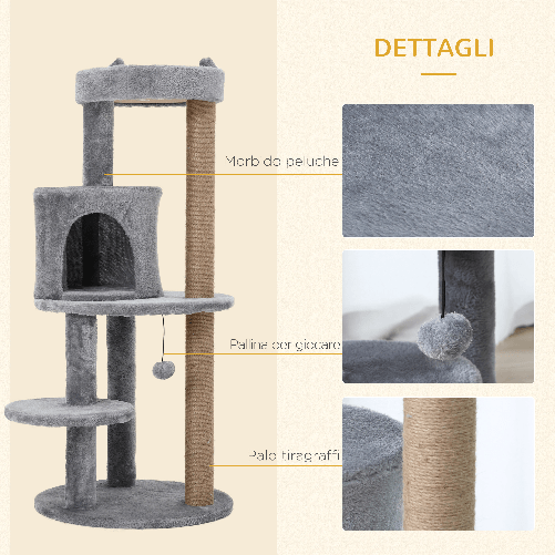 PawHut-Albero-Tiragraffi-per-1-2-Gatti-di-4.5kg-Palestra-Castello-per-Gatti-con-3-Livelli-Cuccia-Lettino-e-Palo-in-Corda-Sisal-Grigio-48x48x104cm