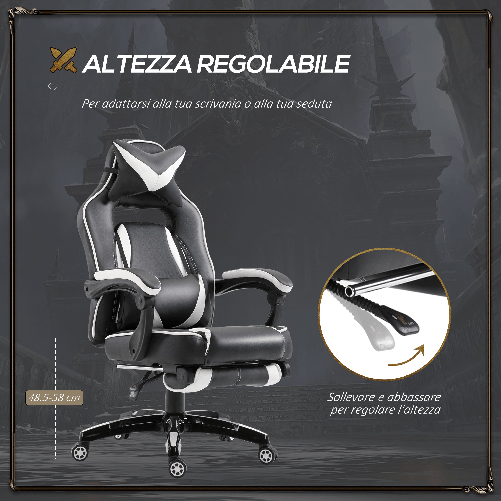 Vinsetto-Sedia-Ufficio-Gaming-Economica-Poltrona-Reclinabile-Con-Poggiapiedi-Regolabile-In-Altezza-Rotelle-Tessuto-65-×-64-×-114-123.5cm-Bianco