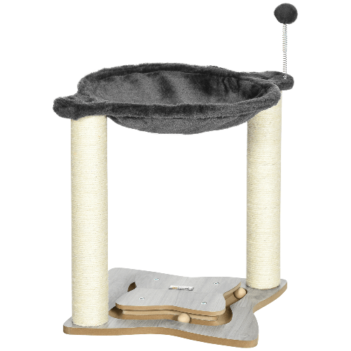 PawHut-Tiragraffi-per-Gatti-con-Amaca-in-Peluche-Base-in-Legno-con-Gioco-e-Pali-in-Sisal-53.55x53.5x66cm-Grigio