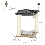 PawHut-Tiragraffi-per-Gatti-con-Amaca-in-Peluche-Base-in-Legno-con-Gioco-e-Pali-in-Sisal-53.55x53.5x66cm-Grigio