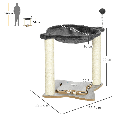 PawHut-Tiragraffi-per-Gatti-con-Amaca-in-Peluche-Base-in-Legno-con-Gioco-e-Pali-in-Sisal-53.55x53.5x66cm-Grigio