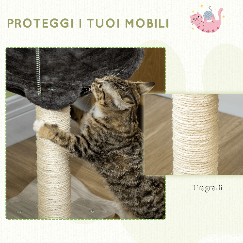 PawHut-Tiragraffi-per-Gatti-con-Amaca-in-Peluche-Base-in-Legno-con-Gioco-e-Pali-in-Sisal-53.55x53.5x66cm-Grigio