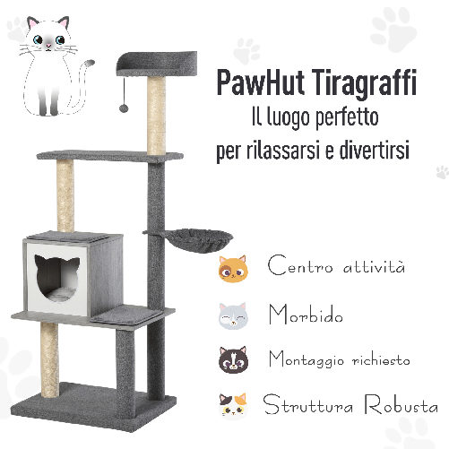 PawHut-Tiragraffi-per-Gatti-Multi-attivita-Morbido-con-Cuccia-Palla-Cestino-Sospeso-in-Sisal-Peluche-Grigio-61x49x160.5cm