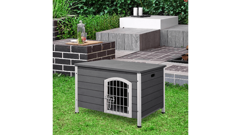 PawHut Cuccia per Cani da Esterno con Terrazza, Finestra e Tetto  Impermeabile, 124x112x105cm, Grigio