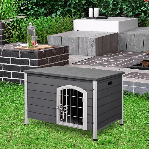 PawHut-Cuccia-per-Cani-da-Esterno-in-Legno-Impermeabile-con-Porta-Richiudibile-80x55x53.5cm---Grigio