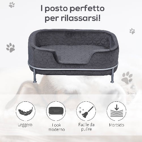 PawHut-Divano-per-Cani-e-Gatti-Imbottito-in-Velluto-con-Base-in-Metallo-63.5x43x24.5cm---Grigio-Scuro