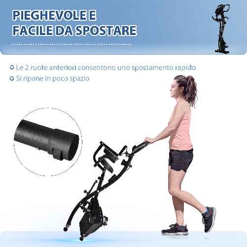 HOMCOM-Cyclette-Pieghevole-2-in-1-Resistenza-Magnetica-Regolabile-8-Livelli-Bici-da-Fitness-con-Sensore-di-Frequenza-Cardiaca-Elastici-per-Braccia-Schermo-LCD-Volano-2.5kg-Nero