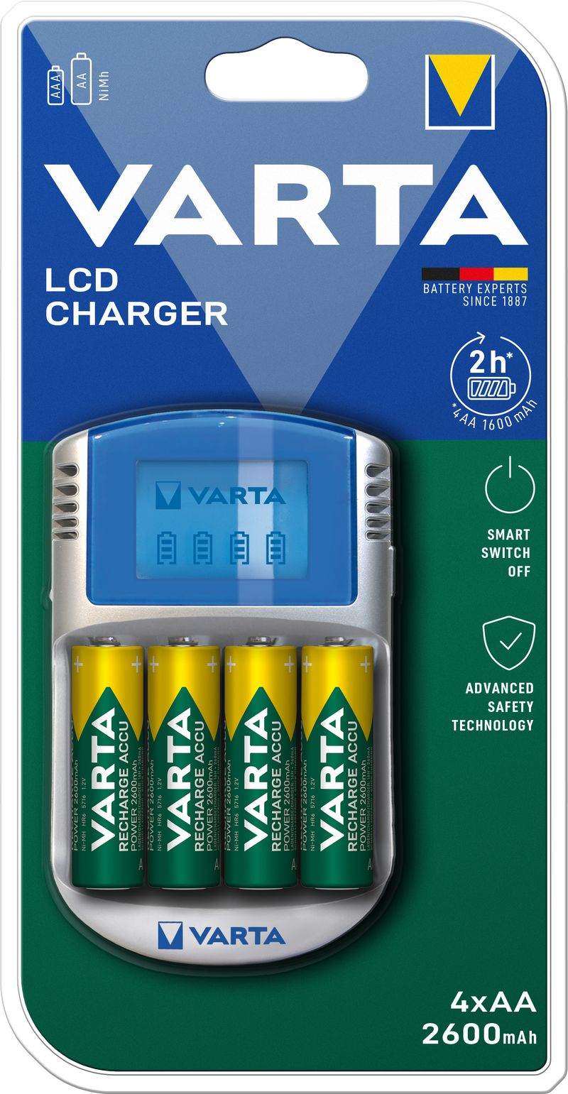 Varta-LCD-charger-AA---AAA--Batterie-ricaricabili-NiMH-incl.-4x-AA-2600-mAh-accu---AC-adattatore---12-V-adattatore---cavo-USB-Grigio