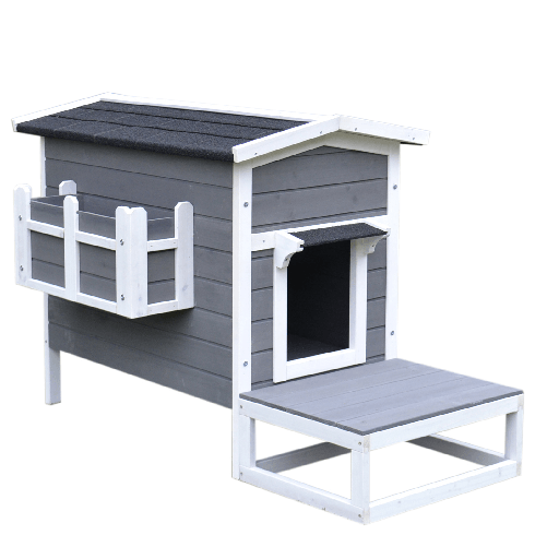 PawHut-Cuccia-per-Gatti-Rialzata-con-Balconcino-e-Tetto-Impermeabile-da-Giardino-Legno-115x66.5x74.7cm-Grigio