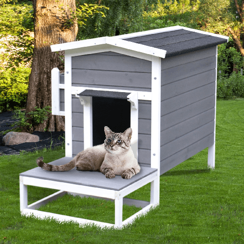 PawHut-Cuccia-per-Gatti-Rialzata-con-Balconcino-e-Tetto-Impermeabile-da-Giardino-Legno-115x66.5x74.7cm-Grigio