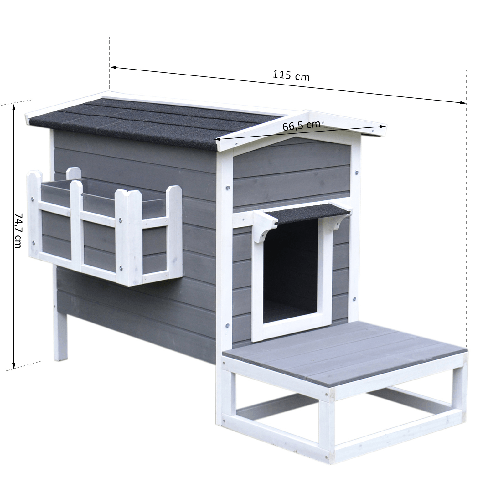 PawHut-Cuccia-per-Gatti-Rialzata-con-Balconcino-e-Tetto-Impermeabile-da-Giardino-Legno-115x66.5x74.7cm-Grigio