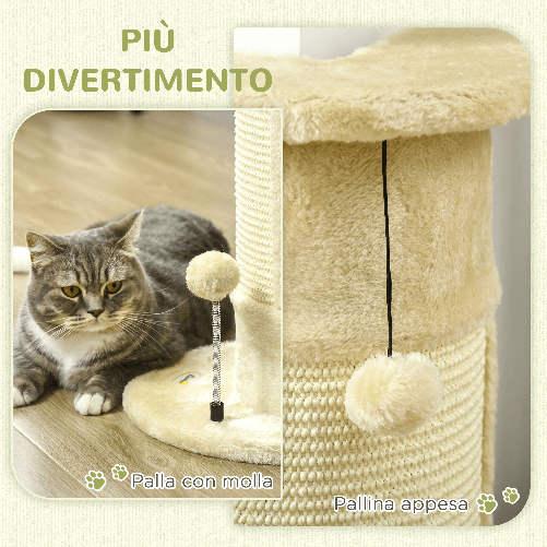 PawHut-Albero-Tiragraffi-per-Gatti-fino-5kg-con-2-Palline-in-Sisal-e-Peluche-34x25.5x58cm-Beige