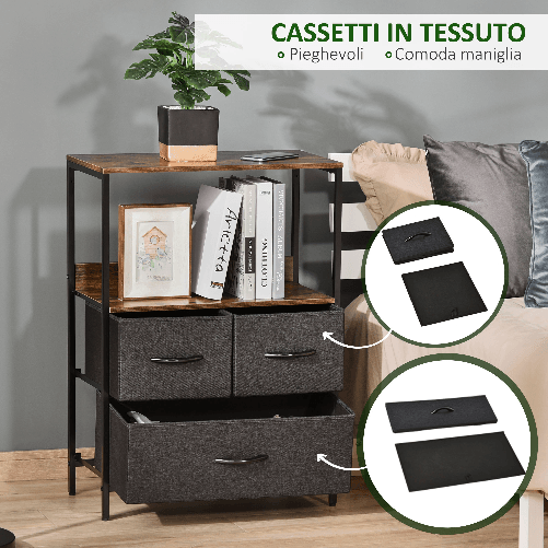 HOMCOM-Mobile-Cassettiera-Multiuso-con-3-Cassetti-in-Tessuto-58x29x81.5cm-Marrone