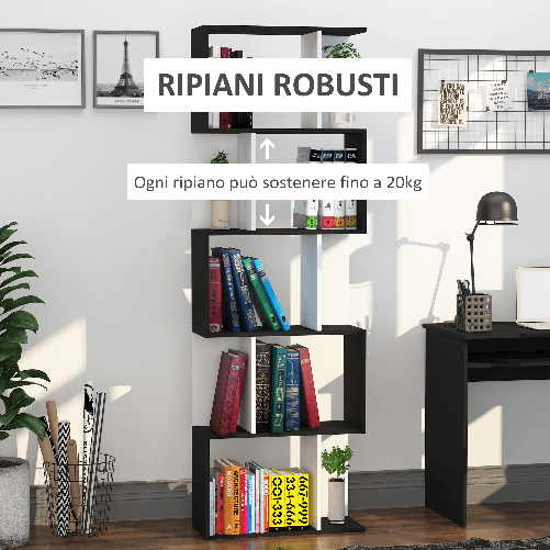 HOMCOM-Libreria-Moderna-5-Ripiani-Pratici-Finitura-Eccellente-Superficie-Liscia-e-a-Prova-di-Umidita-in-Legno-Truciolato-Nero-60×24×184.5cm